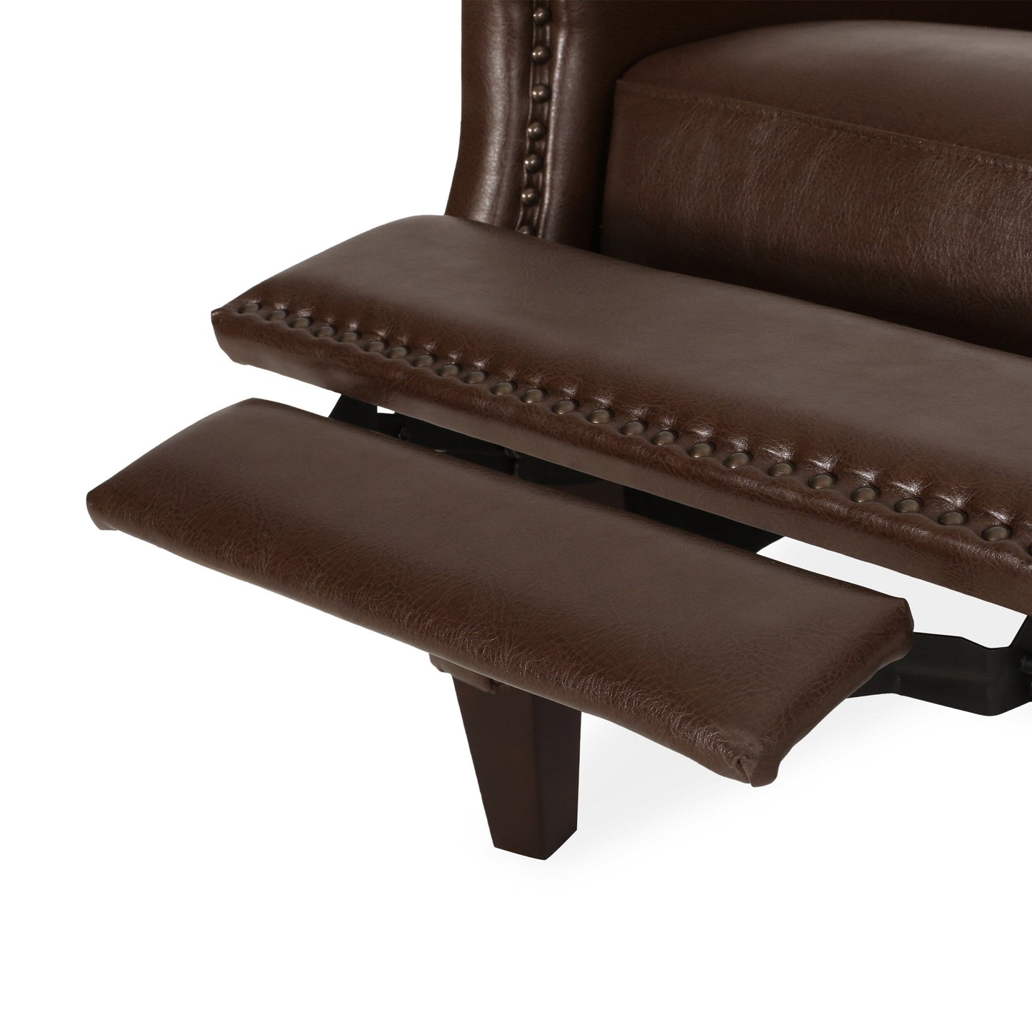 Fauteuil inclinable en cuir synthétique marron foncé avec rivets, confortable et inclinable pour le salon.