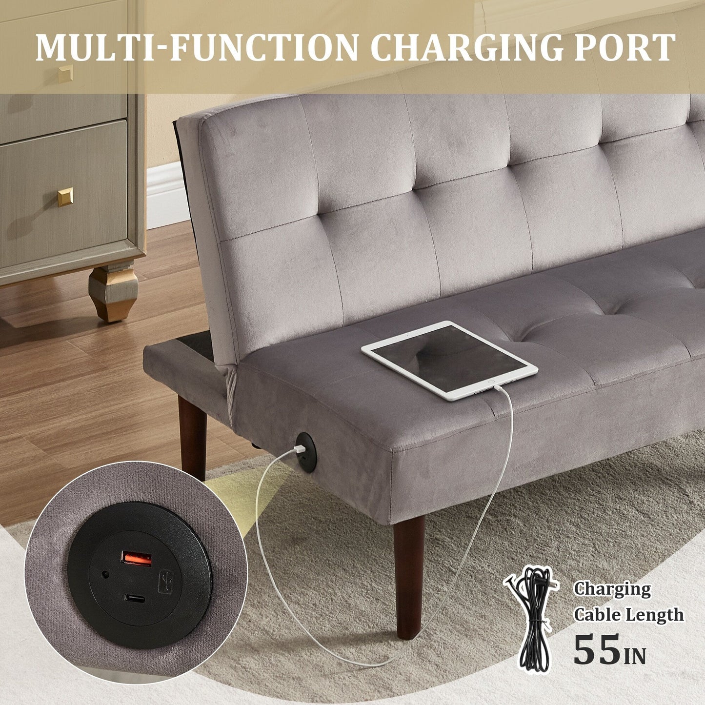 Canapé-lit pliable en flanelle Roomfitters, futon inclinable réglable avec port de charge pour salon, chambre ou bureau