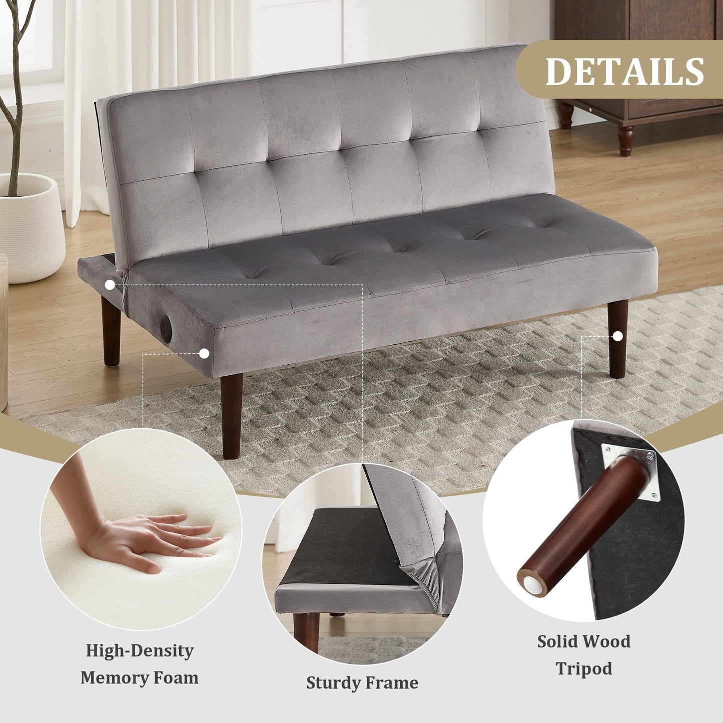 Canapé-lit pliable en flanelle Roomfitters, futon inclinable réglable avec port de charge pour salon, chambre ou bureau