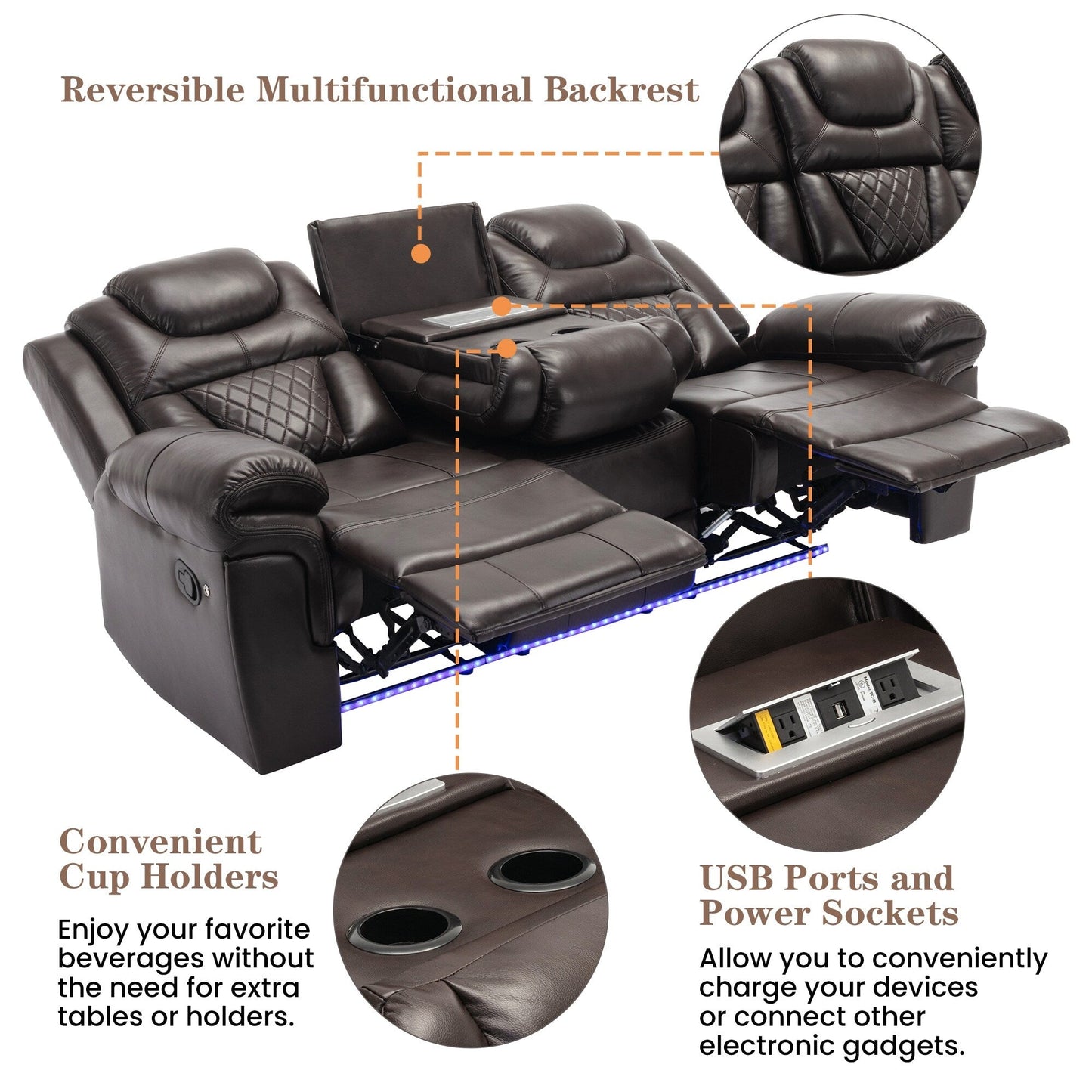 Fauteuil inclinable à bascule manuel Roomfitters avec console centrale, idéal pour le cinéma maison dans le salon