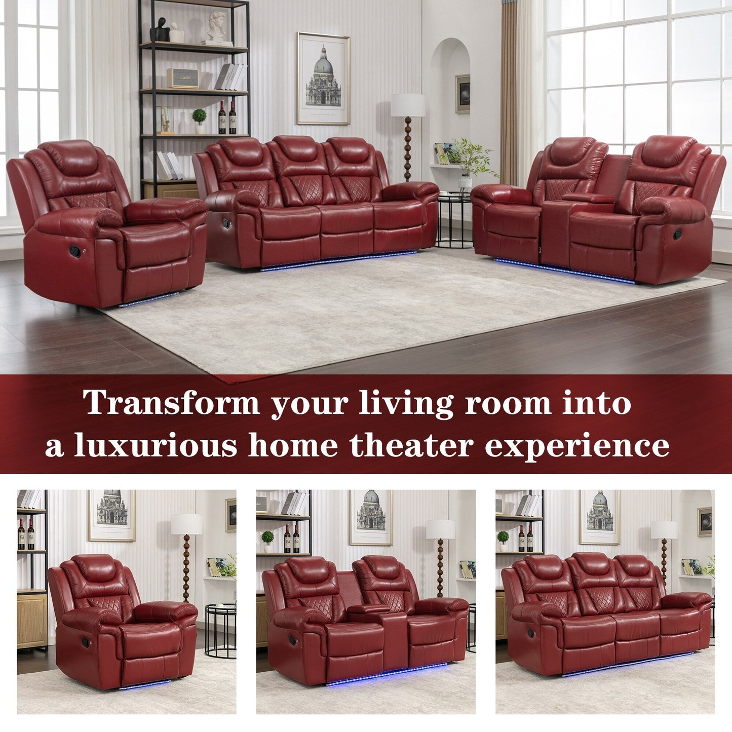 Fauteuil inclinable à bascule manuel Roomfitters avec console centrale, idéal pour le cinéma maison dans le salon