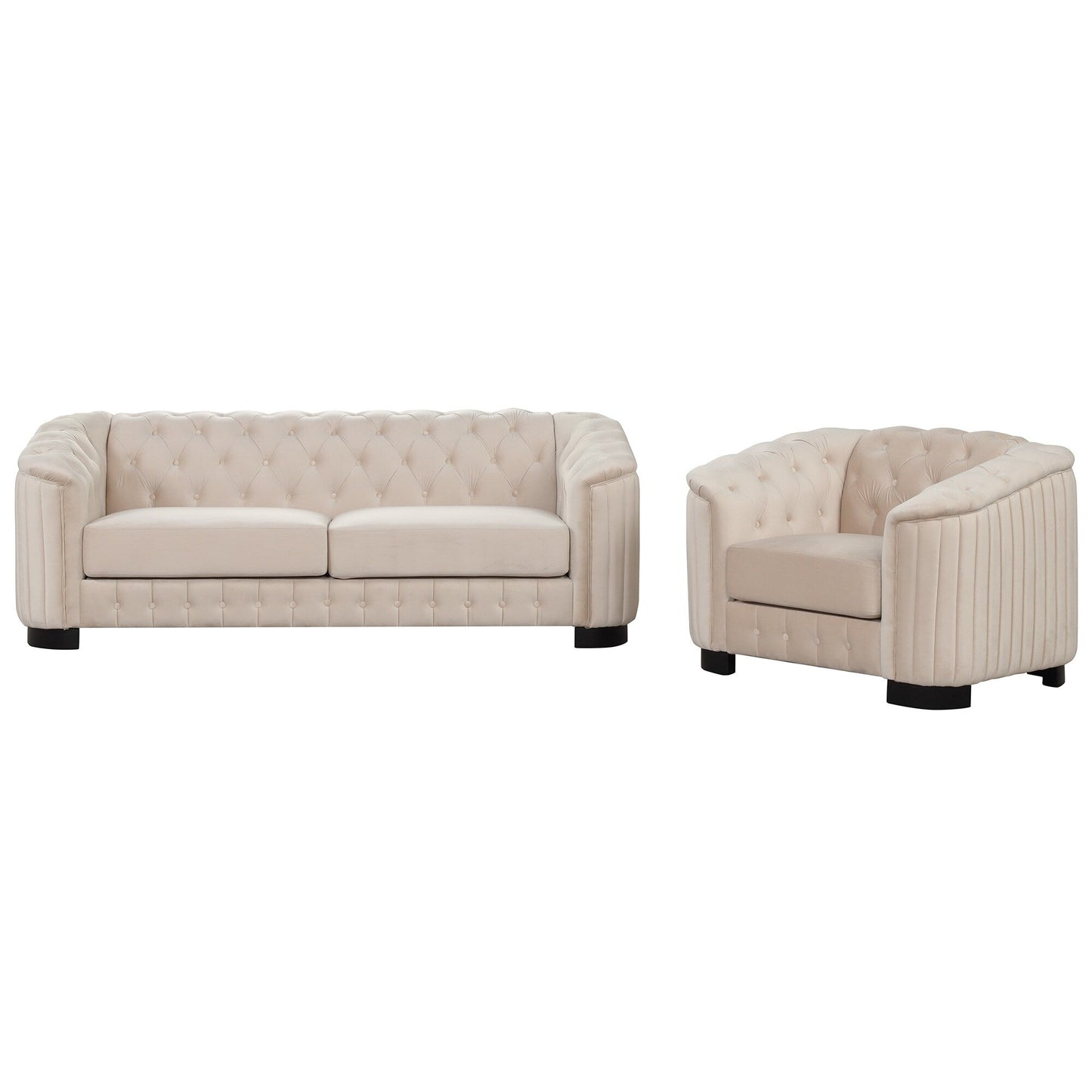 Ensemble de canapés modernes en velours 3 pièces Roomfitters avec pieds en bois d'hévéa comprenant un canapé trois places, une causeuse et une chaise pour le salon
