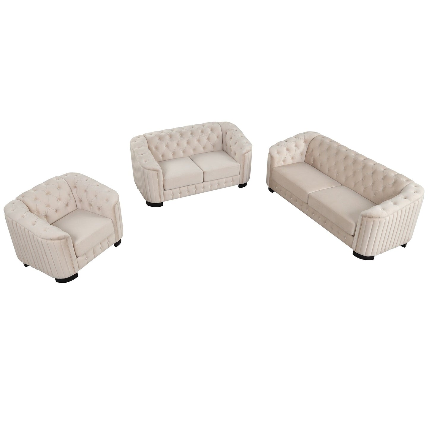 Ensemble de canapés modernes en velours 3 pièces Roomfitters avec pieds en bois d'hévéa comprenant un canapé trois places, une causeuse et une chaise pour le salon