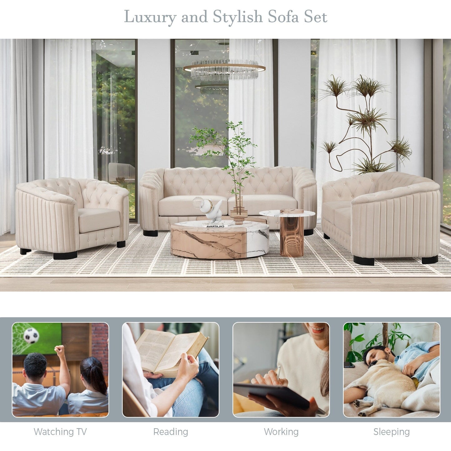 Ensemble de canapés modernes en velours 3 pièces Roomfitters avec pieds en bois d'hévéa comprenant un canapé trois places, une causeuse et une chaise pour le salon