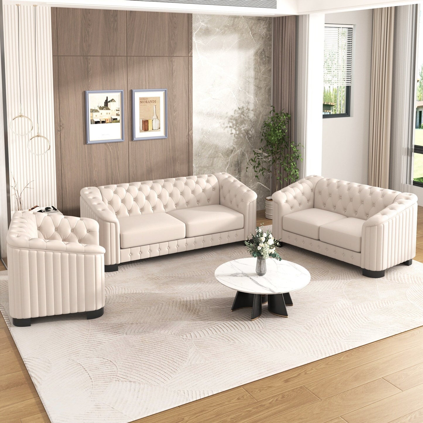 Ensemble de canapés modernes en velours 3 pièces Roomfitters avec pieds en bois d'hévéa comprenant un canapé trois places, une causeuse et une chaise pour le salon