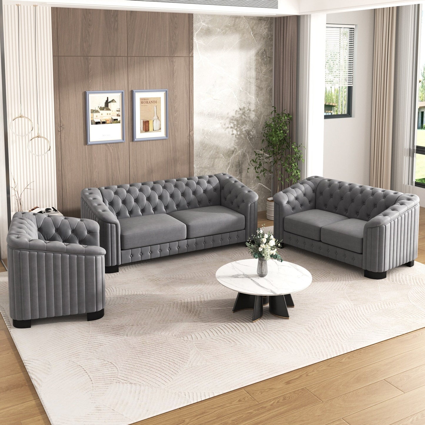 Ensemble de canapés modernes en velours 3 pièces Roomfitters avec pieds en bois d'hévéa comprenant un canapé trois places, une causeuse et une chaise pour le salon