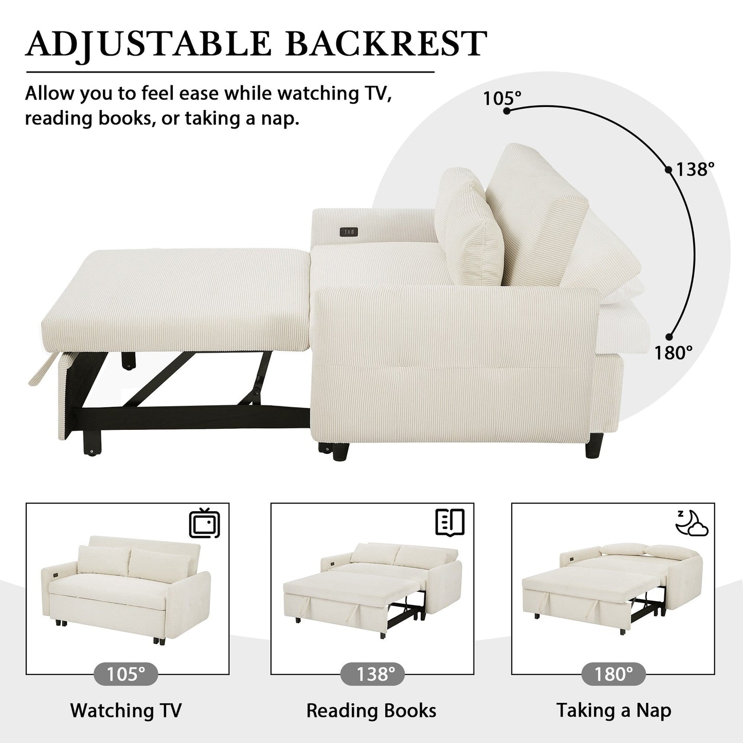 Canapé-lit convertible 2 places Roomfitters avec coussins et ports USB, canapé-lit moderne, beige