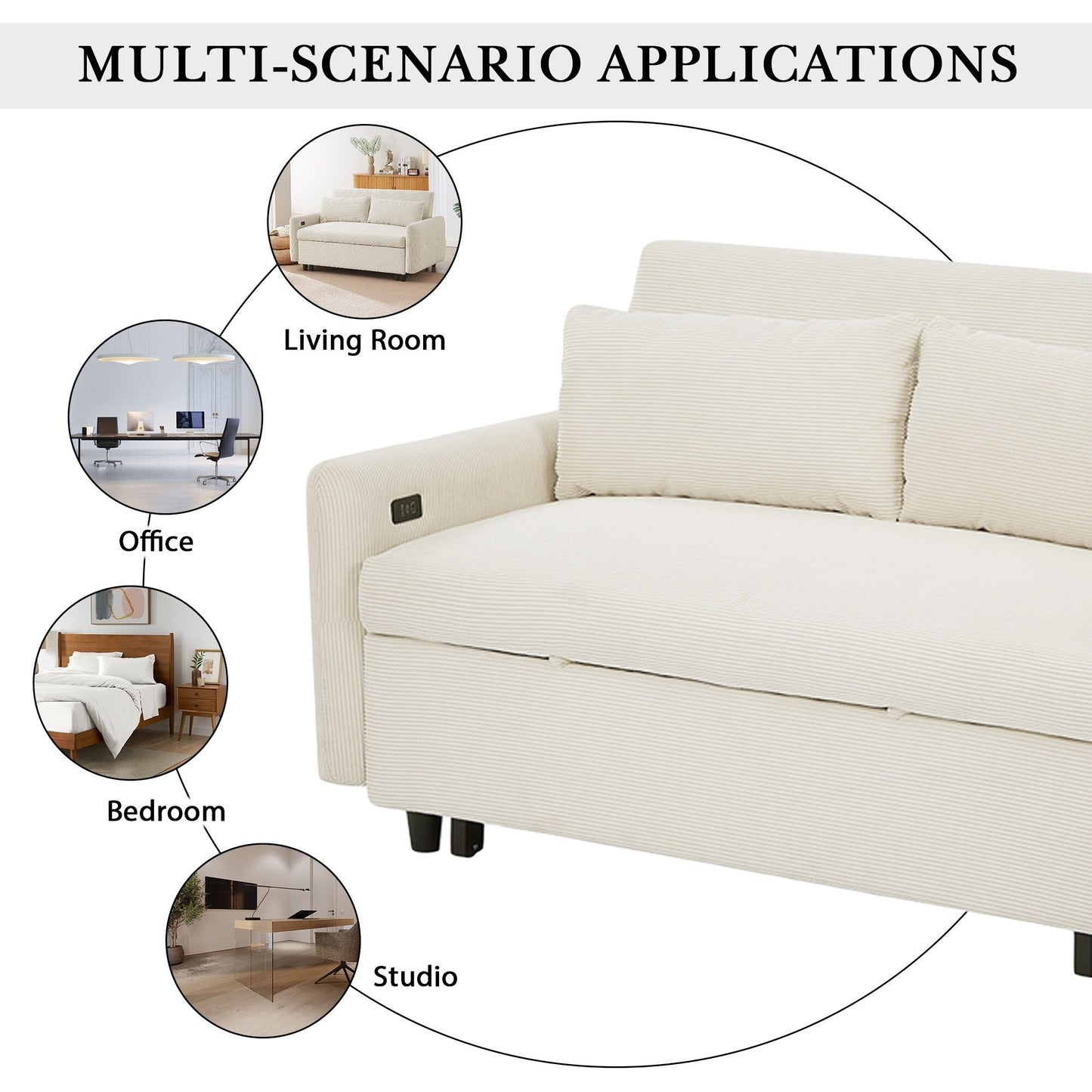 Canapé-lit convertible 2 places Roomfitters avec coussins et ports USB, canapé-lit moderne, beige