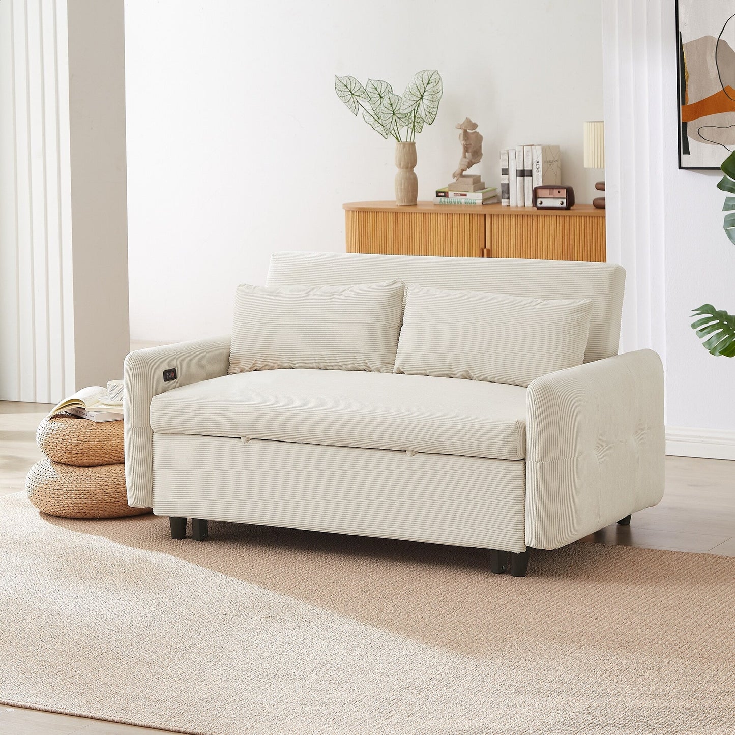Canapé-lit convertible 2 places Roomfitters avec coussins et ports USB, canapé-lit moderne, beige