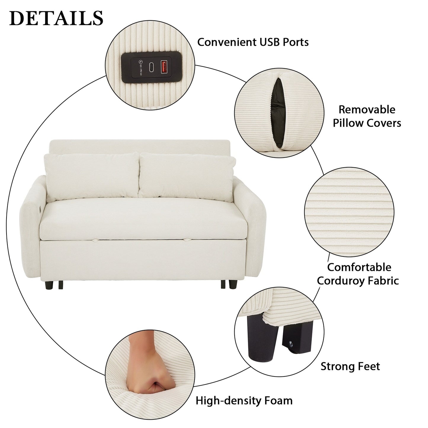 Canapé-lit convertible 2 places Roomfitters avec coussins et ports USB, canapé-lit moderne, beige