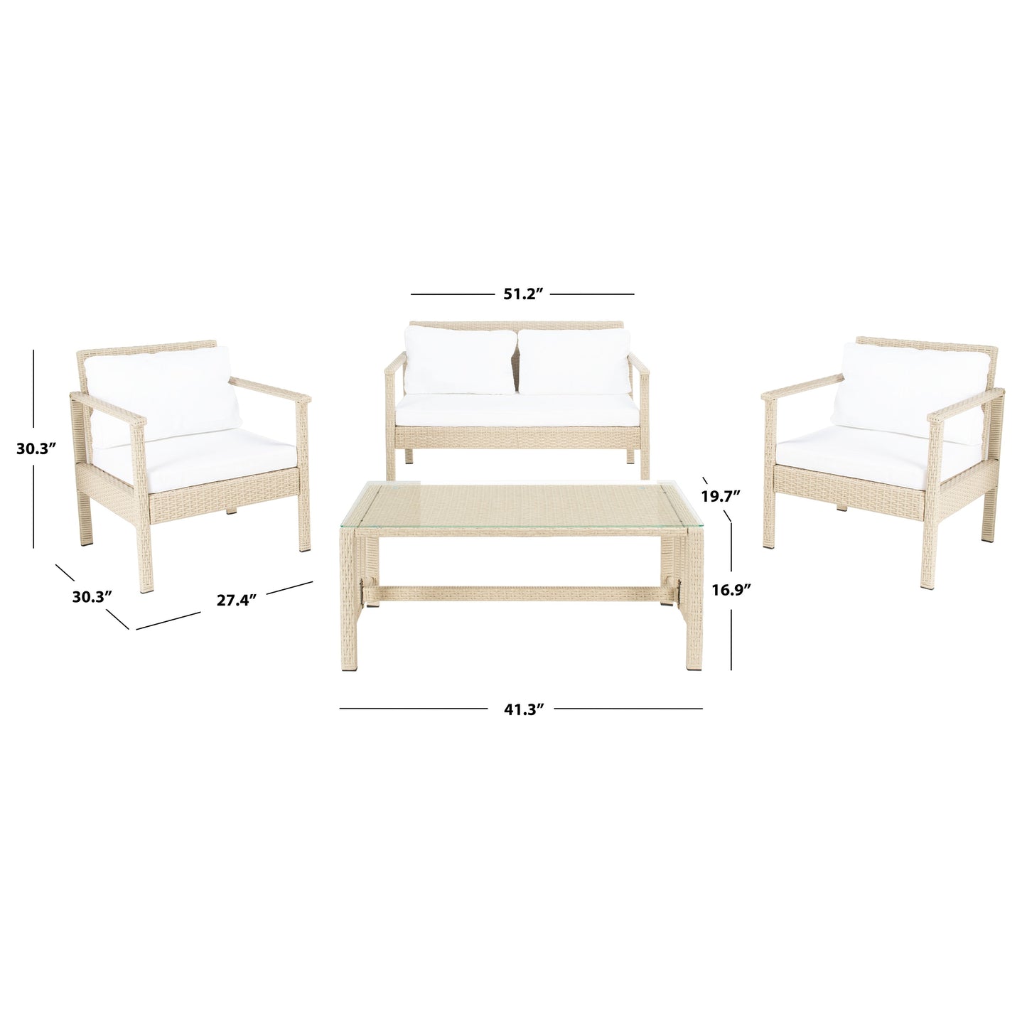 Ensemble de salon de jardin d'extérieur en osier 4 pièces SAFAVIEH - 51 L x 30 P x 30 H