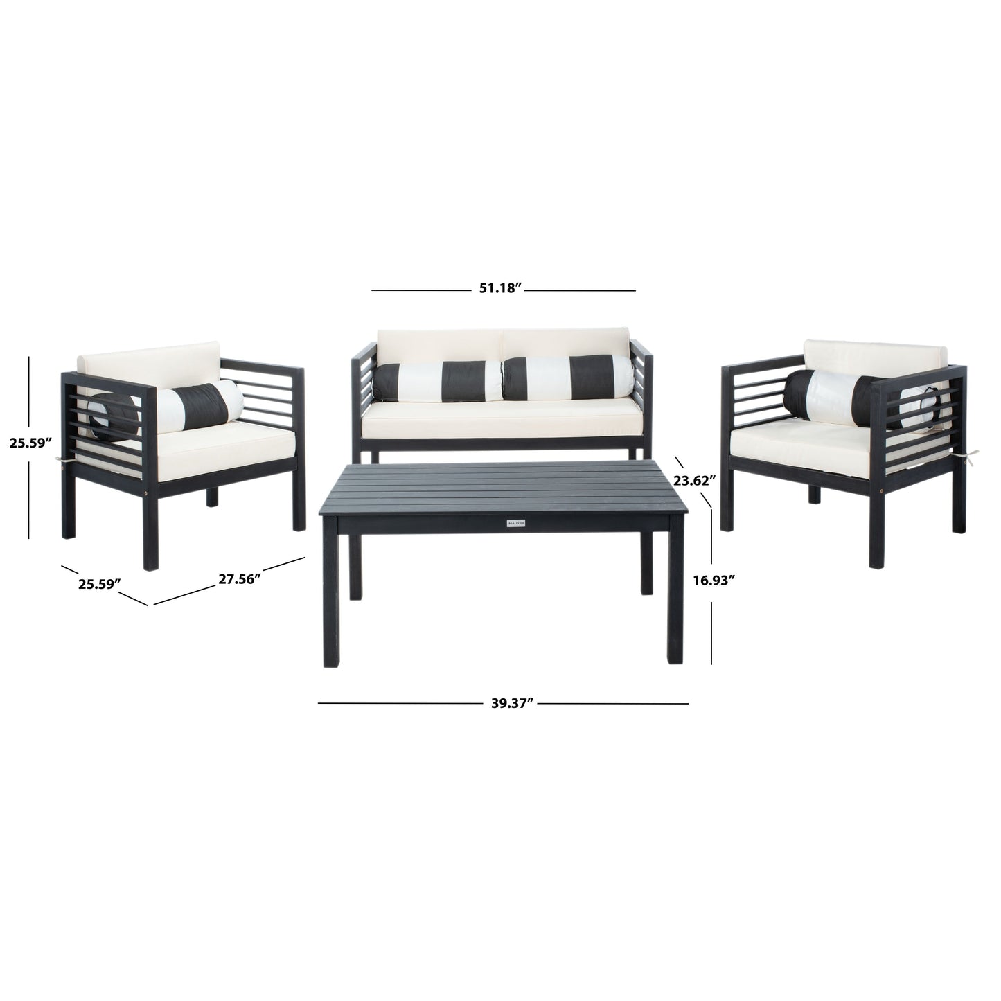 Ensemble de salon de jardin Alda 4 pièces SAFAVIEH avec coussins décoratifs – 51 L x 26 P x 26 H