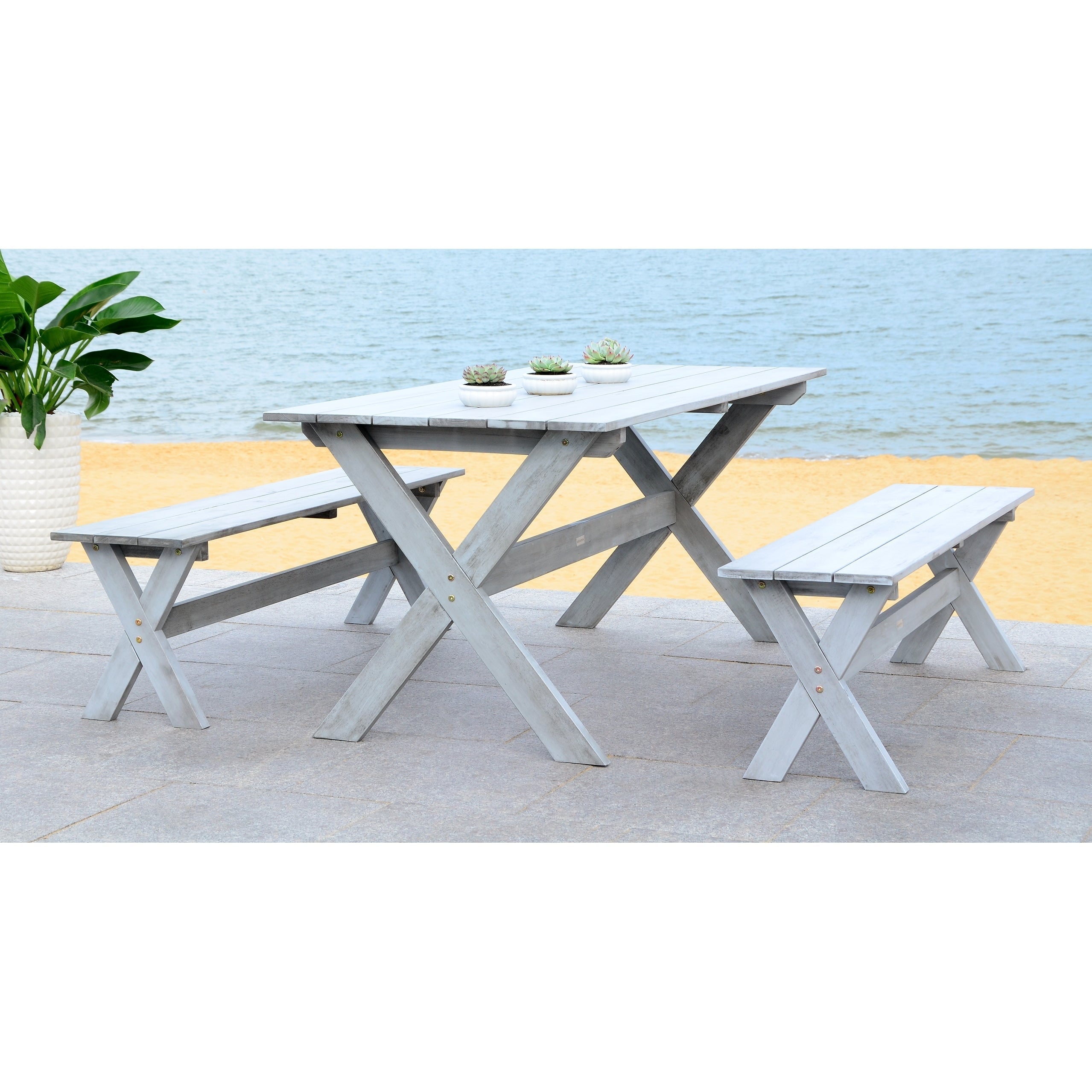 Ensemble de salle à manger 3 pièces SAFAVIEH Outdoor Living Marina Grey avec table et bancs - 35 L x 59 P x 30 H