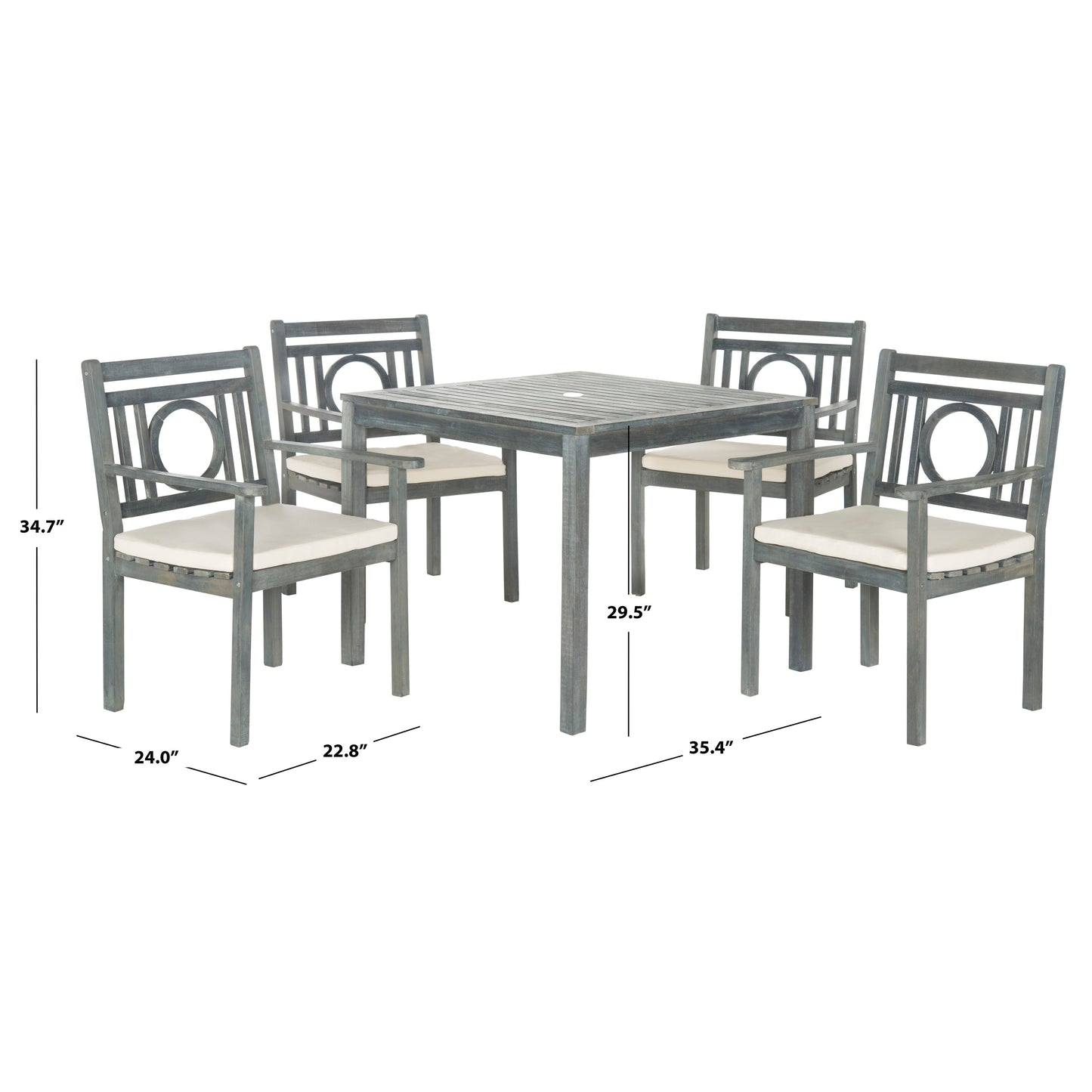 Ensemble de salle à manger 5 pièces en bois d'acacia gris cendré Montclair de SAFAVIEH Outdoor Living avec coussins beiges - 35 l x 35 P x 30 H