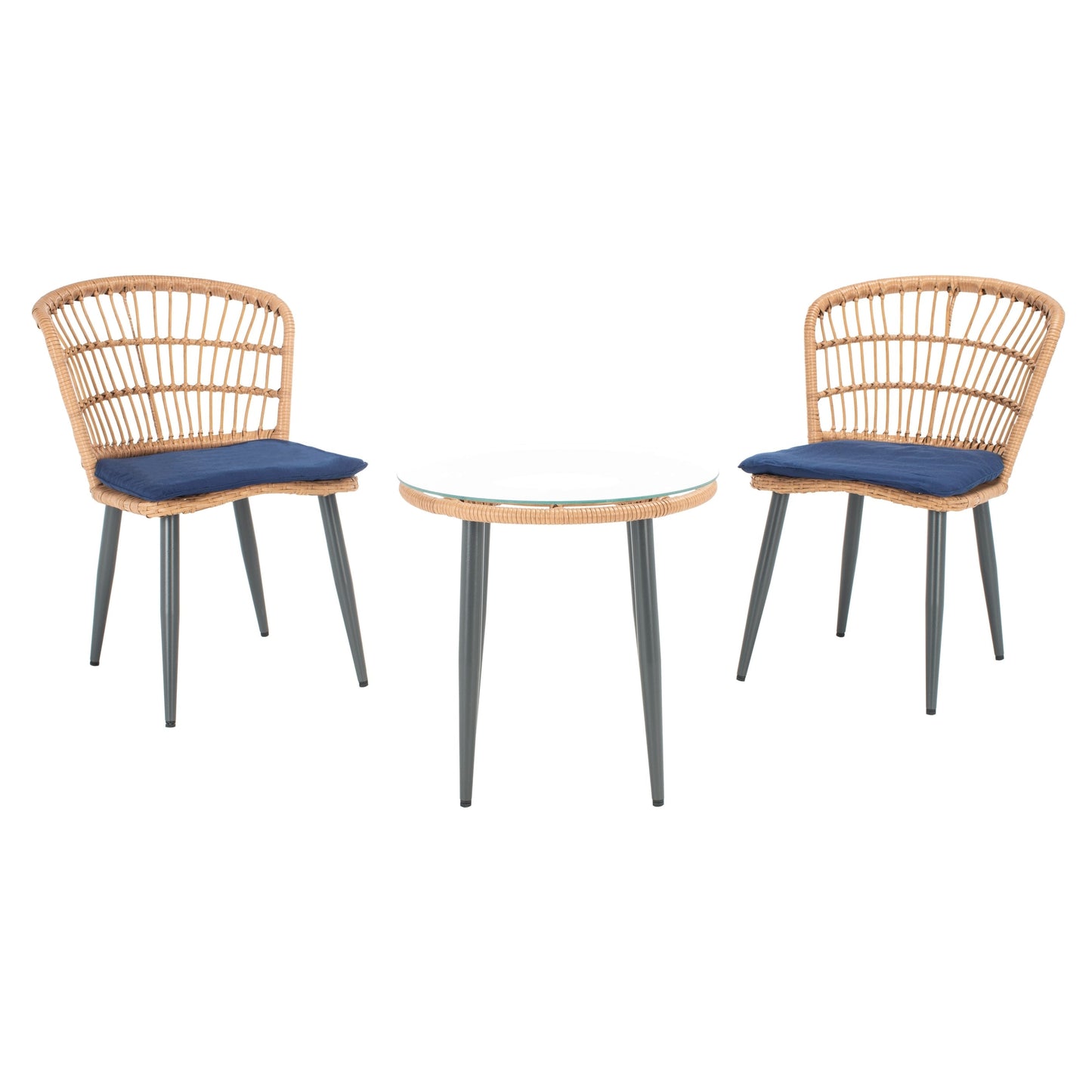 Ensemble de chaises longues de jardin en rotin Prenza 3 pièces SAFAVIEH Outdoor Living - Naturel/Bleu marine - 21 l x 24 p x 32 h