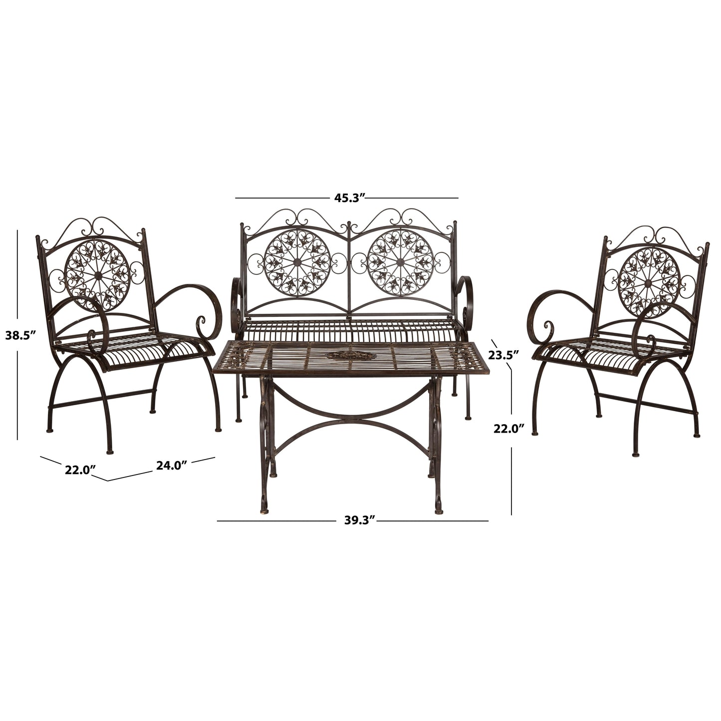 Ensemble de patio 4 pièces SAFAVIEH Nyasia en fer forgé victorien - 45 l x 39 P x 22 H