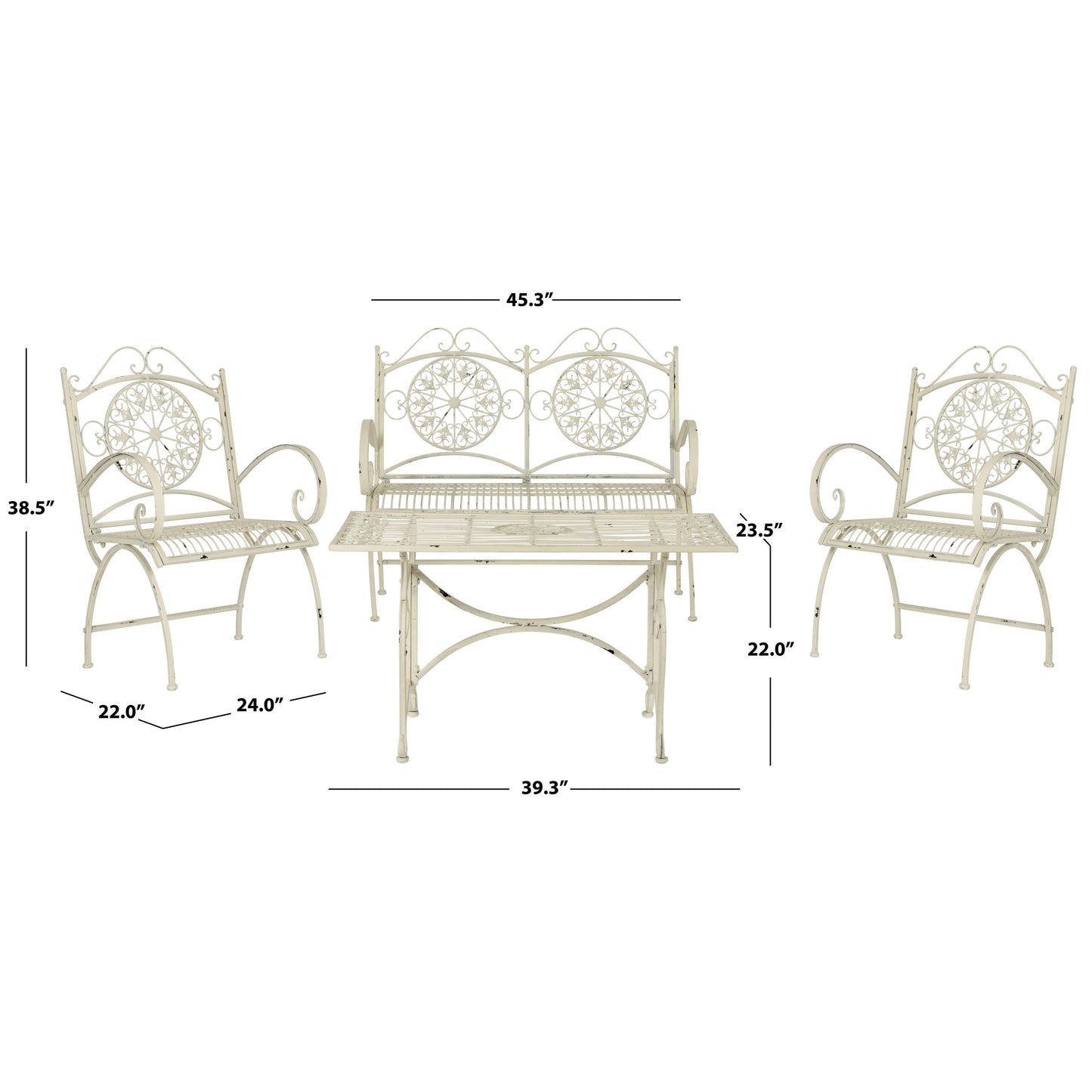 Ensemble de patio 4 pièces SAFAVIEH Nyasia en fer forgé victorien - 45 l x 39 P x 22 H