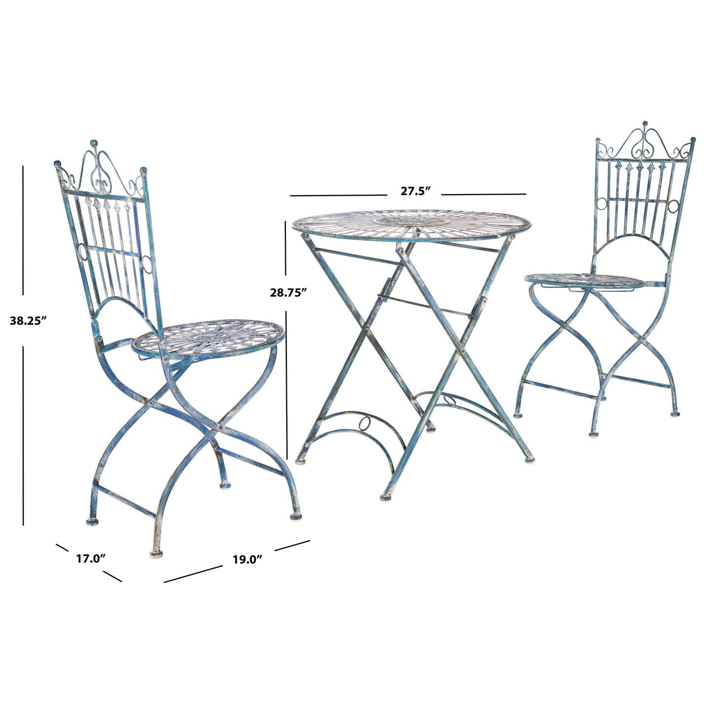 Ensemble bistrot d'extérieur 3 pièces en fer de style victorien Saige de SAFAVIEH - 28 l x 28 p x 38 h
