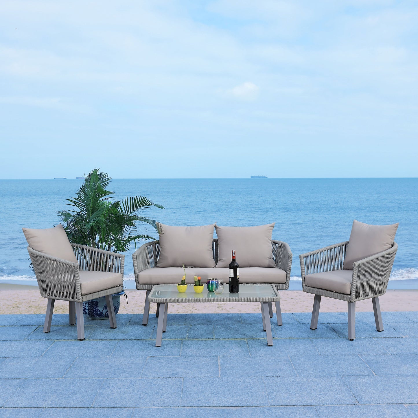 Ensemble de patio extérieur Sneh-Lata 4 pièces en corde SAFAVIEH - 54 L x 27 P x 26 H