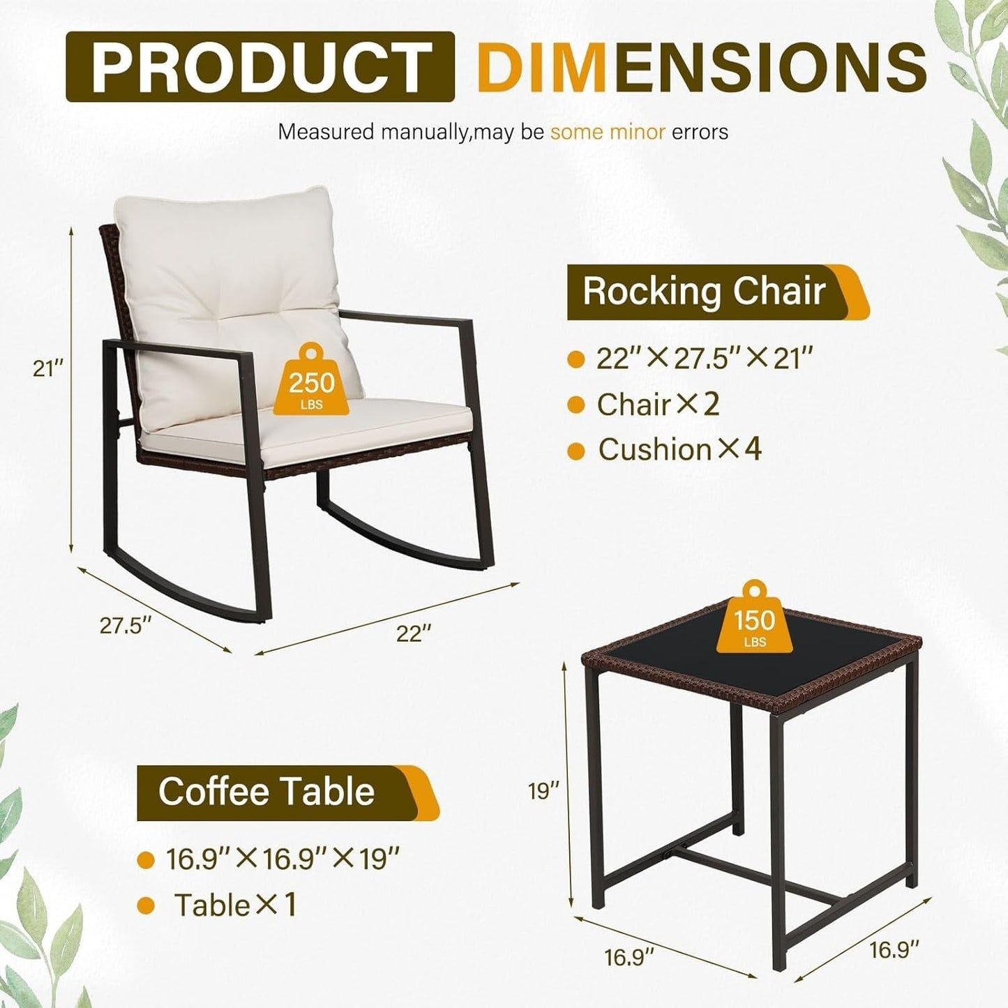 Ensemble bistro de conversation SUNCROWN 3 pièces avec chaises à bascule en osier marron/noir pour patio extérieur