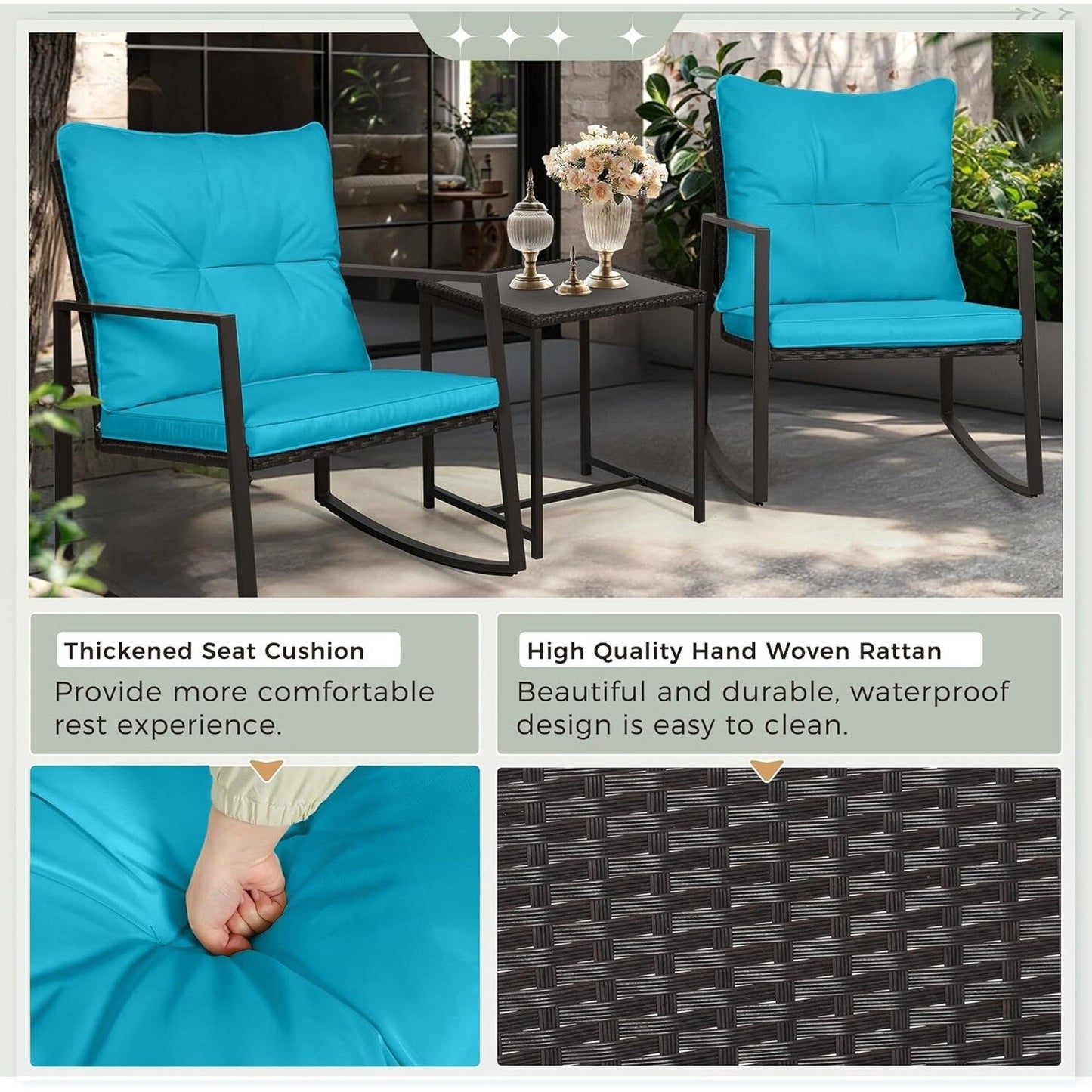 Ensemble bistro de conversation SUNCROWN 3 pièces avec chaises à bascule en osier marron/noir pour patio extérieur