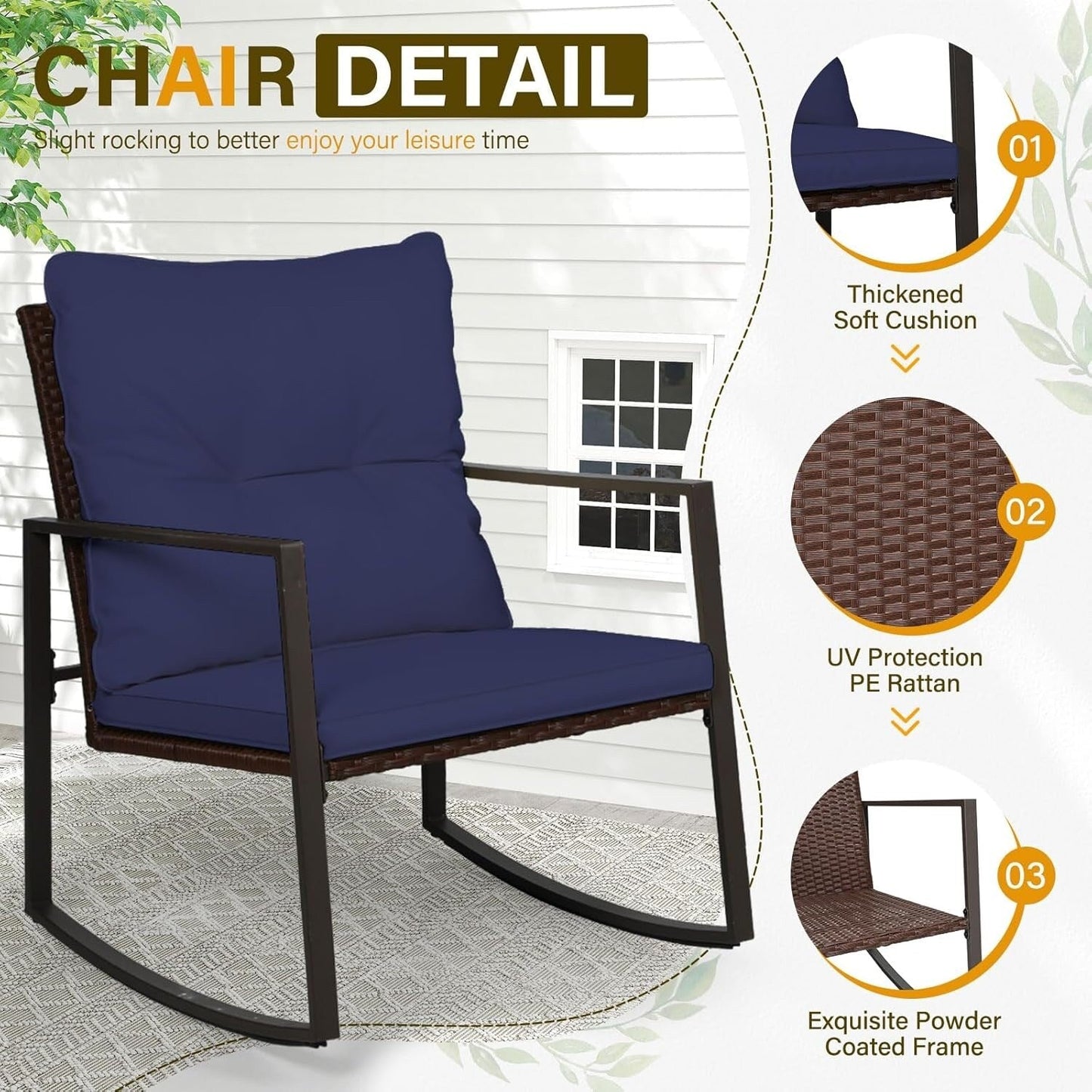 Ensemble bistro de conversation SUNCROWN 3 pièces avec chaises à bascule en osier marron/noir pour patio extérieur
