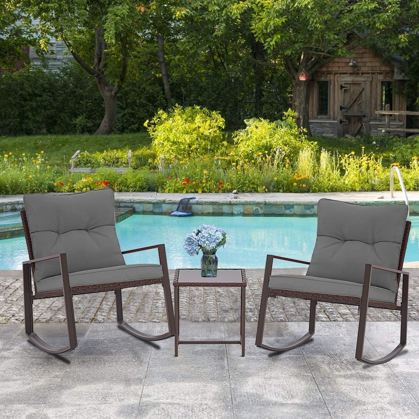 Ensemble bistro de conversation SUNCROWN 3 pièces avec chaises à bascule en osier marron/noir pour patio extérieur