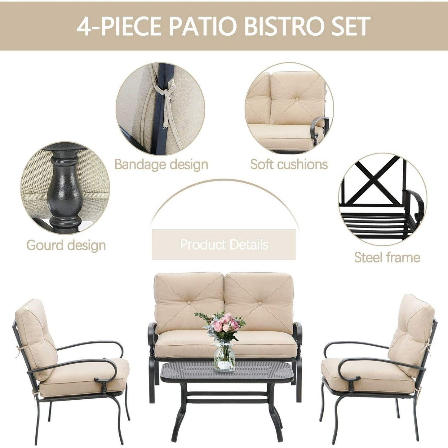 Ensemble de 4 meubles d'extérieur SUNCROWN pour patio, causeuse