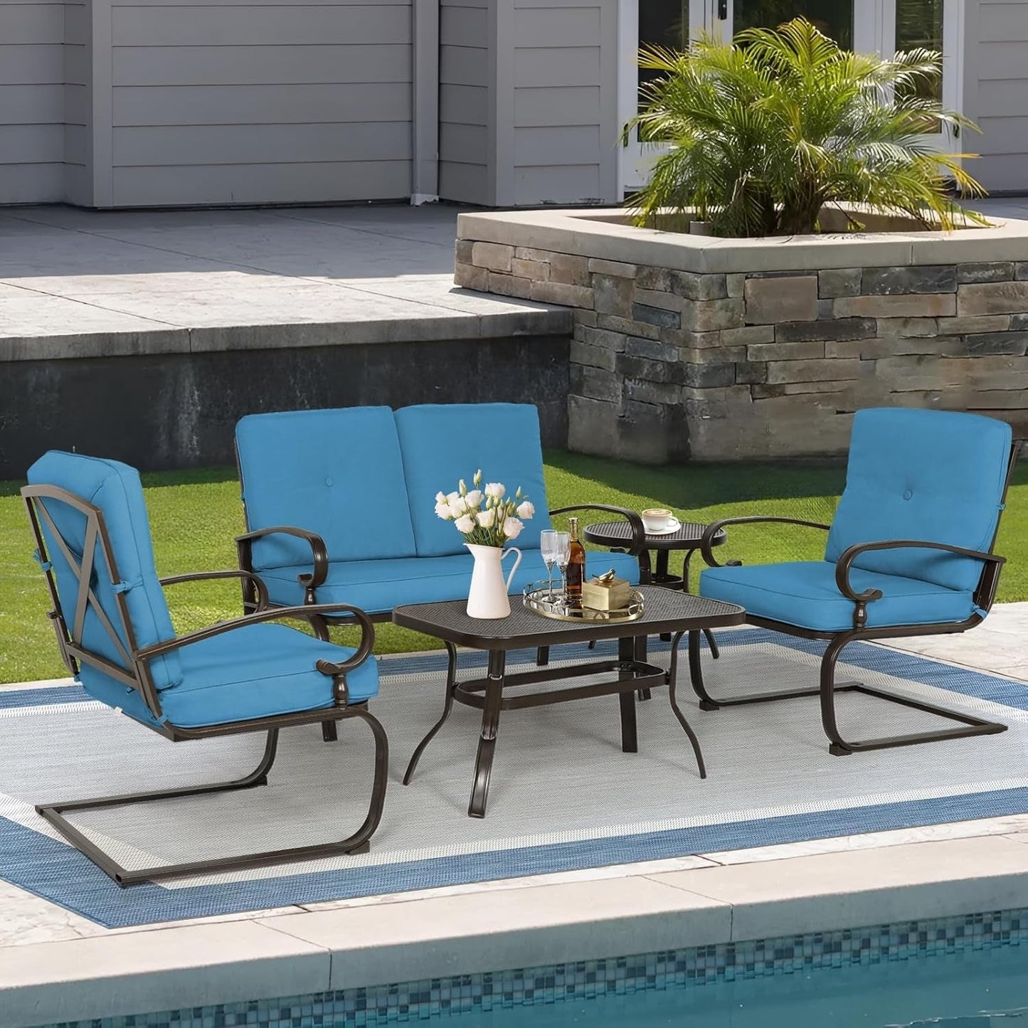 Ensemble de meubles de patio extérieur SUNCROWN 5 pièces, banc de jardin et 2 chaises à ressorts avec 2 tables basses