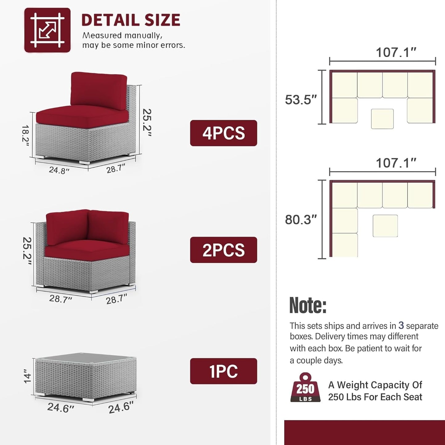 Ensemble de canapé sectionnel rembourré en rotin et osier gris pour patio extérieur, 7 pièces