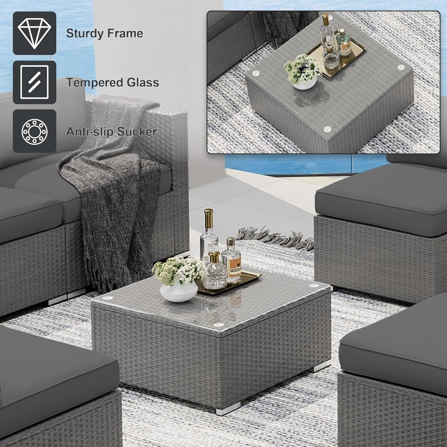 Ensemble de canapé sectionnel rembourré en rotin et osier gris pour patio extérieur, 7 pièces