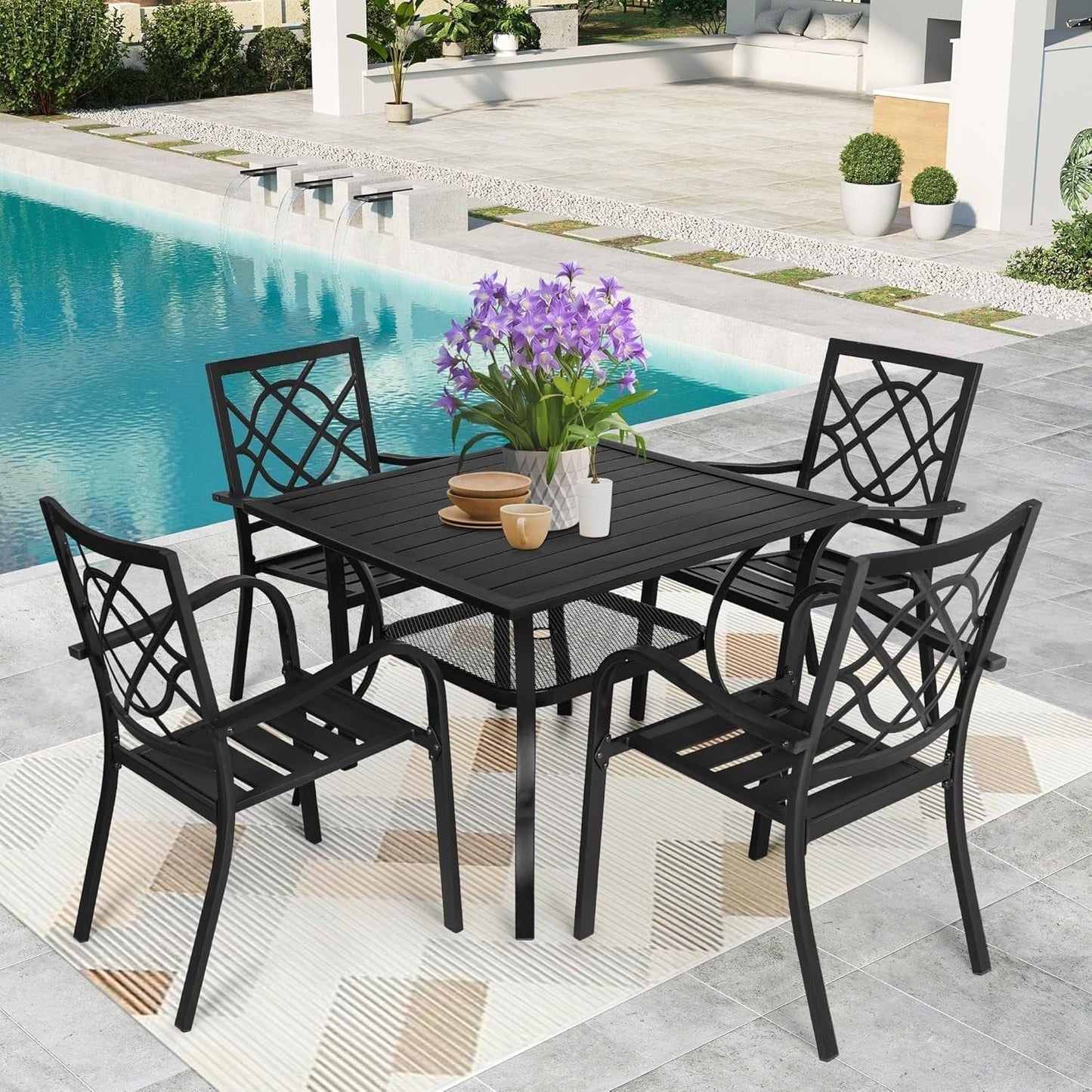 Ensemble de salle à manger d'extérieur SUNCROWN 5/7 pièces en acier, table à lattes en métal et chaises empilables, cadre enduit de poudre