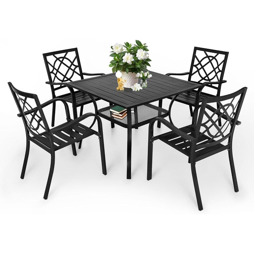 Ensemble de salle à manger d'extérieur SUNCROWN 5/7 pièces en acier, table à lattes en métal et chaises empilables, cadre enduit de poudre