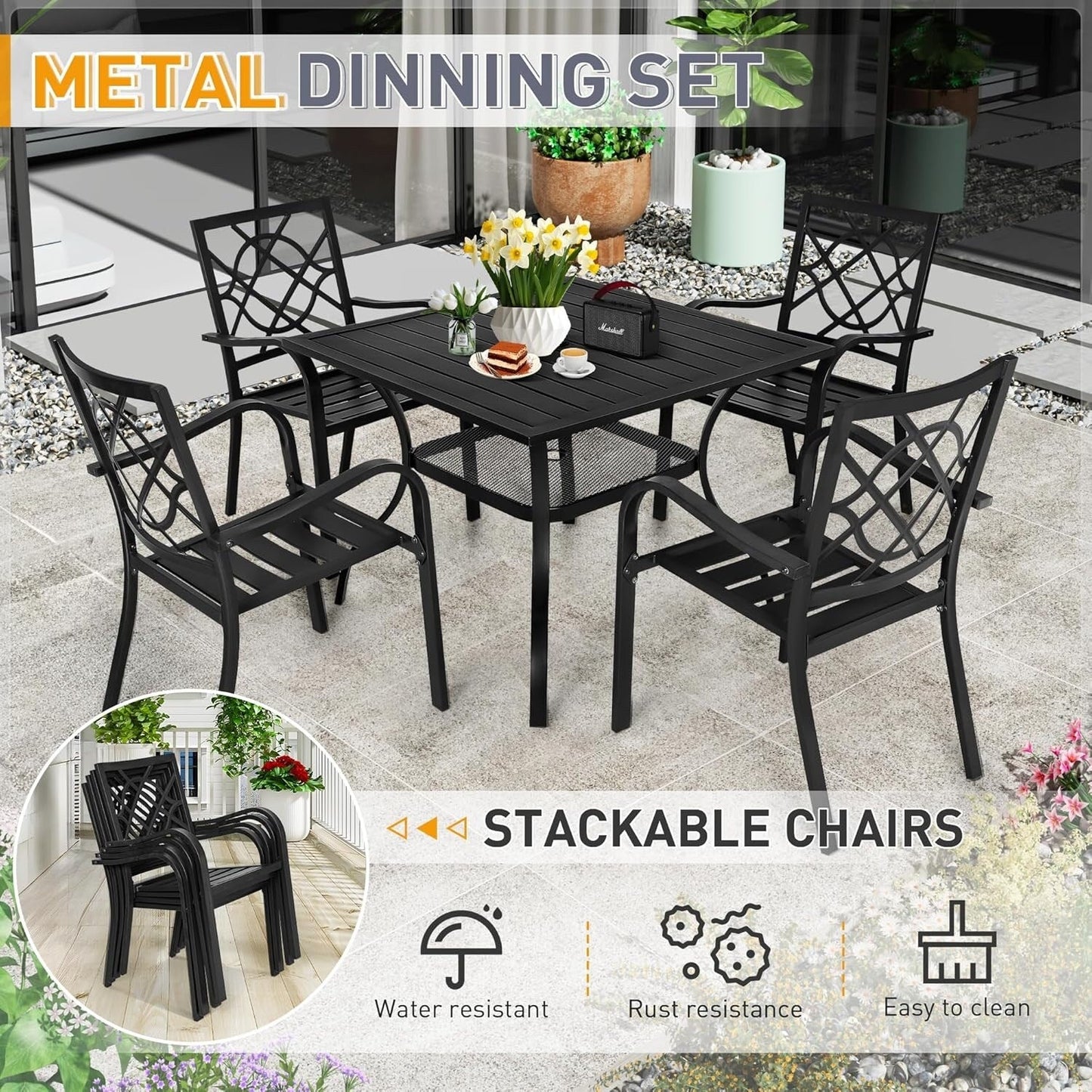 Ensemble de salle à manger d'extérieur SUNCROWN 5/7 pièces en acier, table à lattes en métal et chaises empilables, cadre enduit de poudre