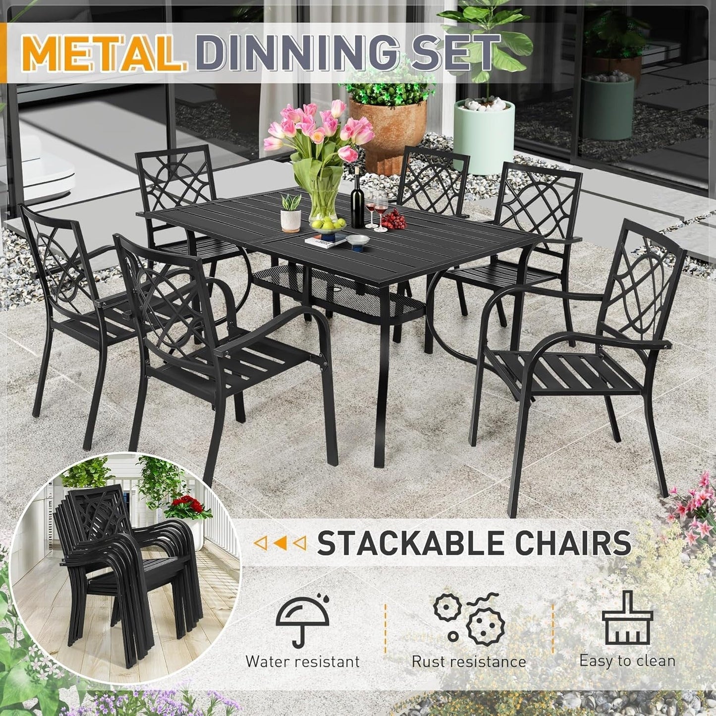 Ensemble de salle à manger d'extérieur SUNCROWN 5/7 pièces en acier, table à lattes en métal et chaises empilables, cadre enduit de poudre