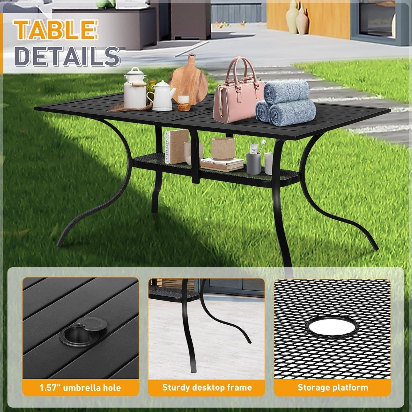 Ensemble de salle à manger d'extérieur SUNCROWN 5/7 pièces en acier, table à lattes en métal et chaises empilables, cadre enduit de poudre