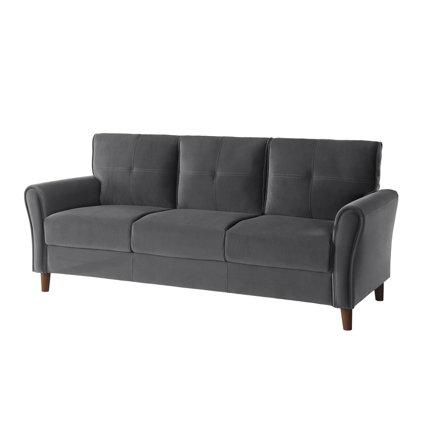 Canapé Sarah 80 pouces, velours gris, capitonnage surpiqué, coussins réversibles