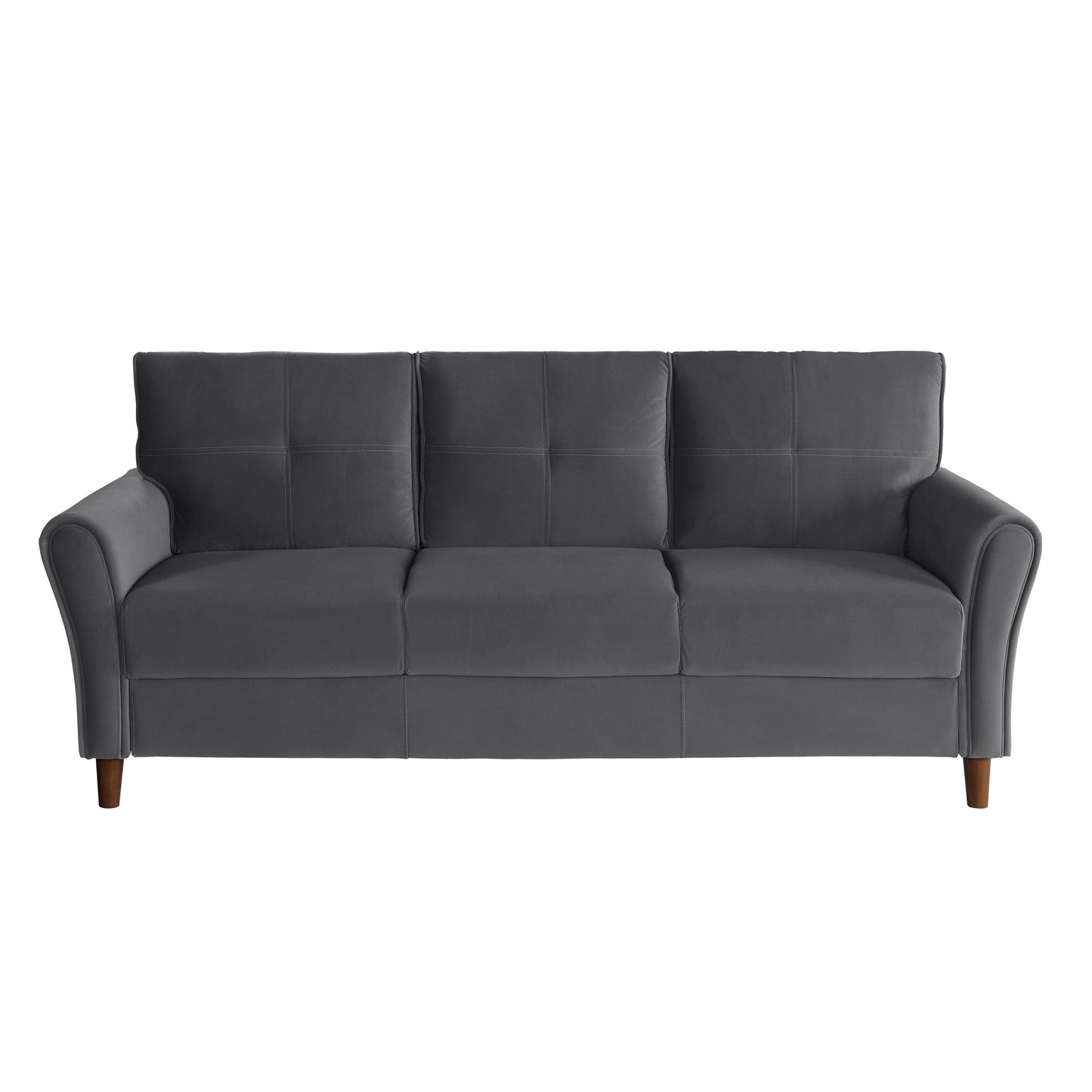 Canapé Sarah 80 pouces, velours gris, capitonnage surpiqué, coussins réversibles