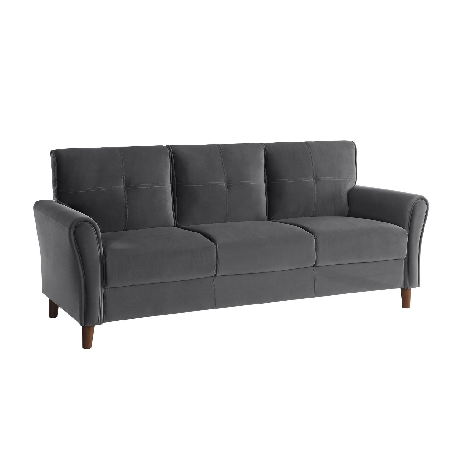 Canapé Sarah 80 pouces, velours gris, capitonnage surpiqué, coussins réversibles