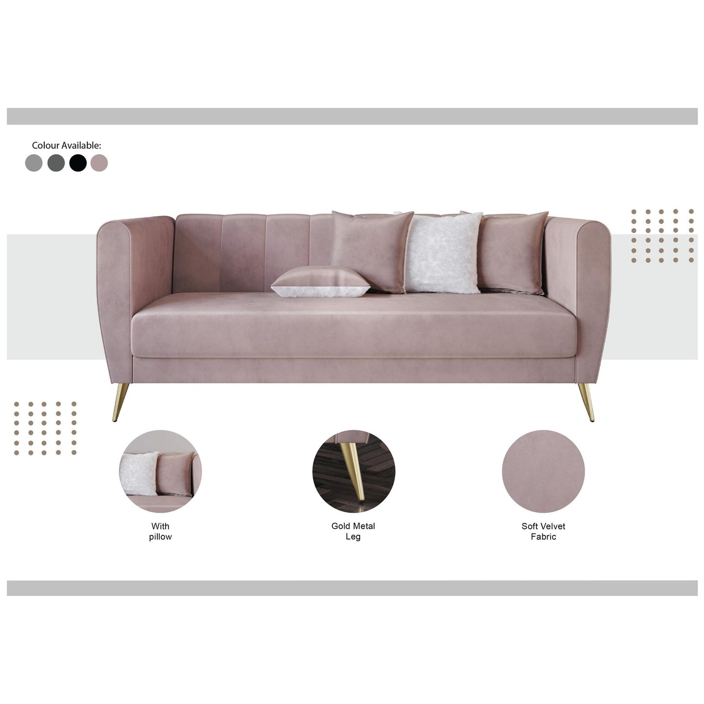 Canapé 3 places en velours Scarlett à accoudoirs évasés et 4 coussins décoratifs