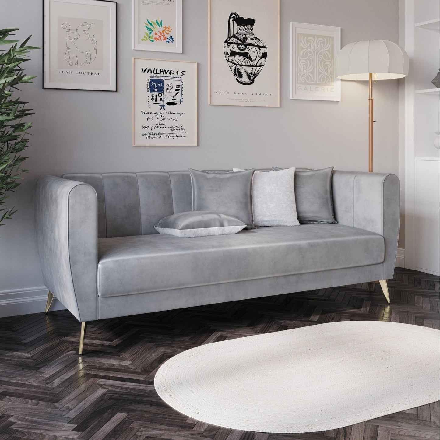 Canapé 3 places en velours Scarlett à accoudoirs évasés et 4 coussins décoratifs