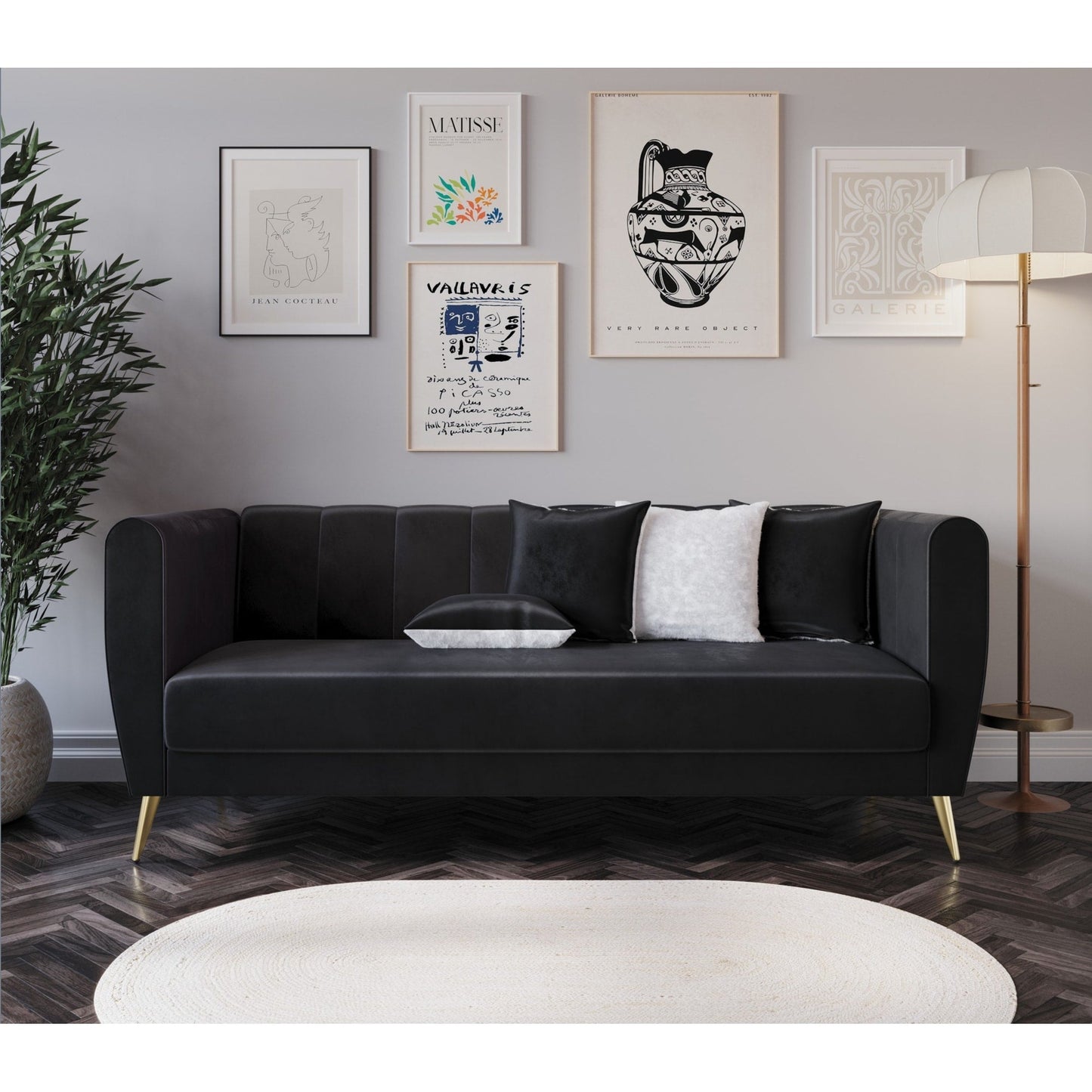 Canapé 3 places en velours Scarlett à accoudoirs évasés et 4 coussins décoratifs