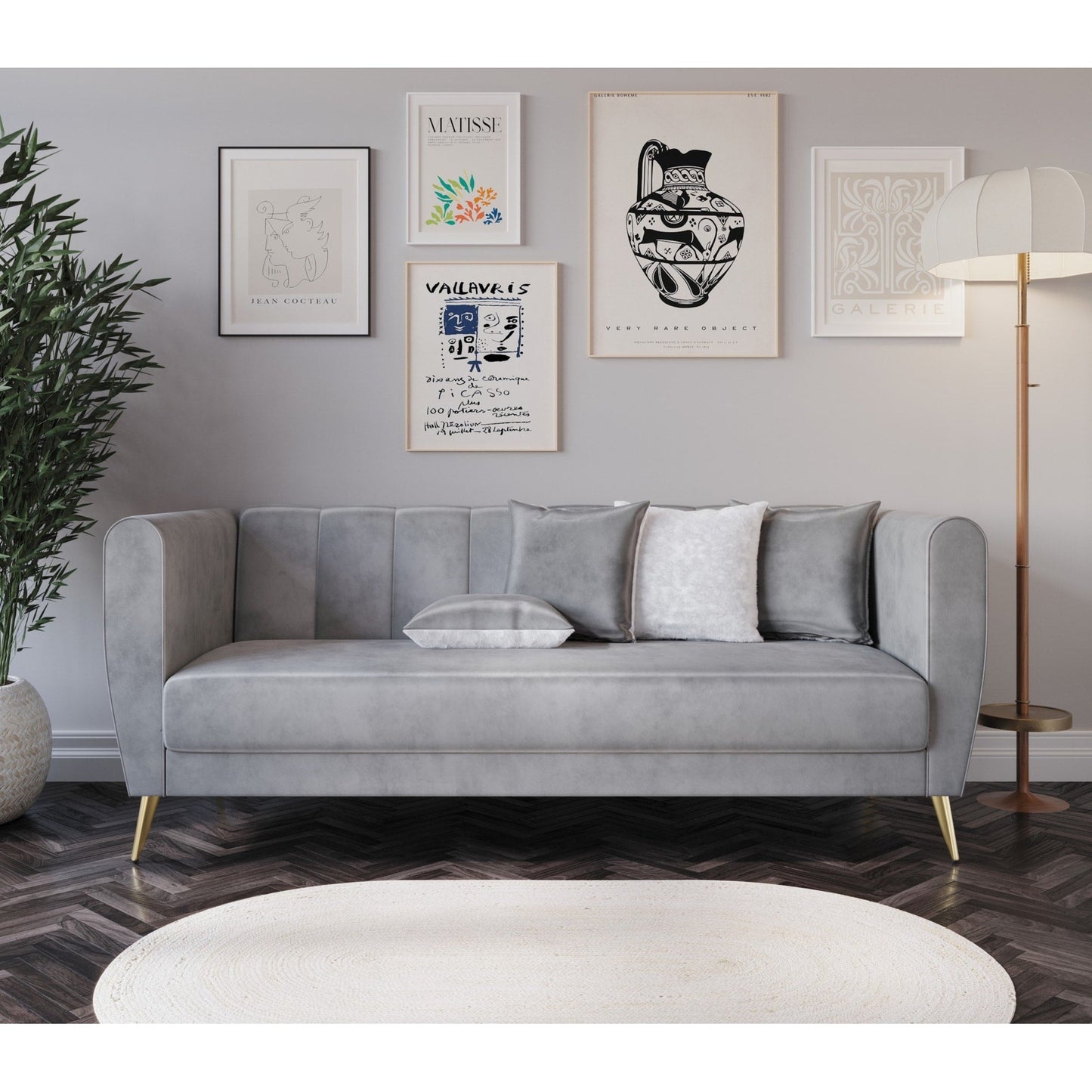 Canapé 3 places en velours Scarlett à accoudoirs évasés et 4 coussins décoratifs