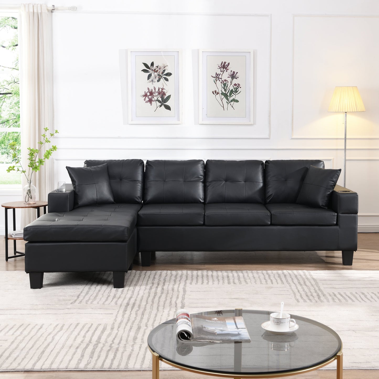 Ensemble de canapés sectionnels pour salon avec chaise longue en L, porte-gobelet et chaise longue gauche ou droite moderne 4 places (NOIR)