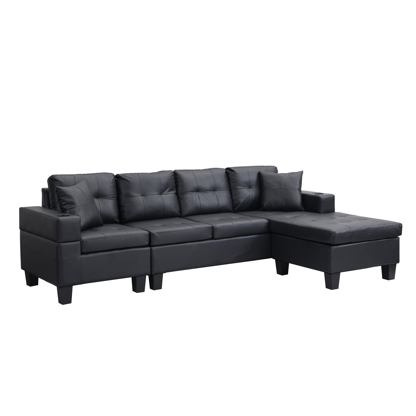 Ensemble de canapés sectionnels pour salon avec chaise longue en L, porte-gobelet et chaise longue gauche ou droite moderne 4 places (NOIR)