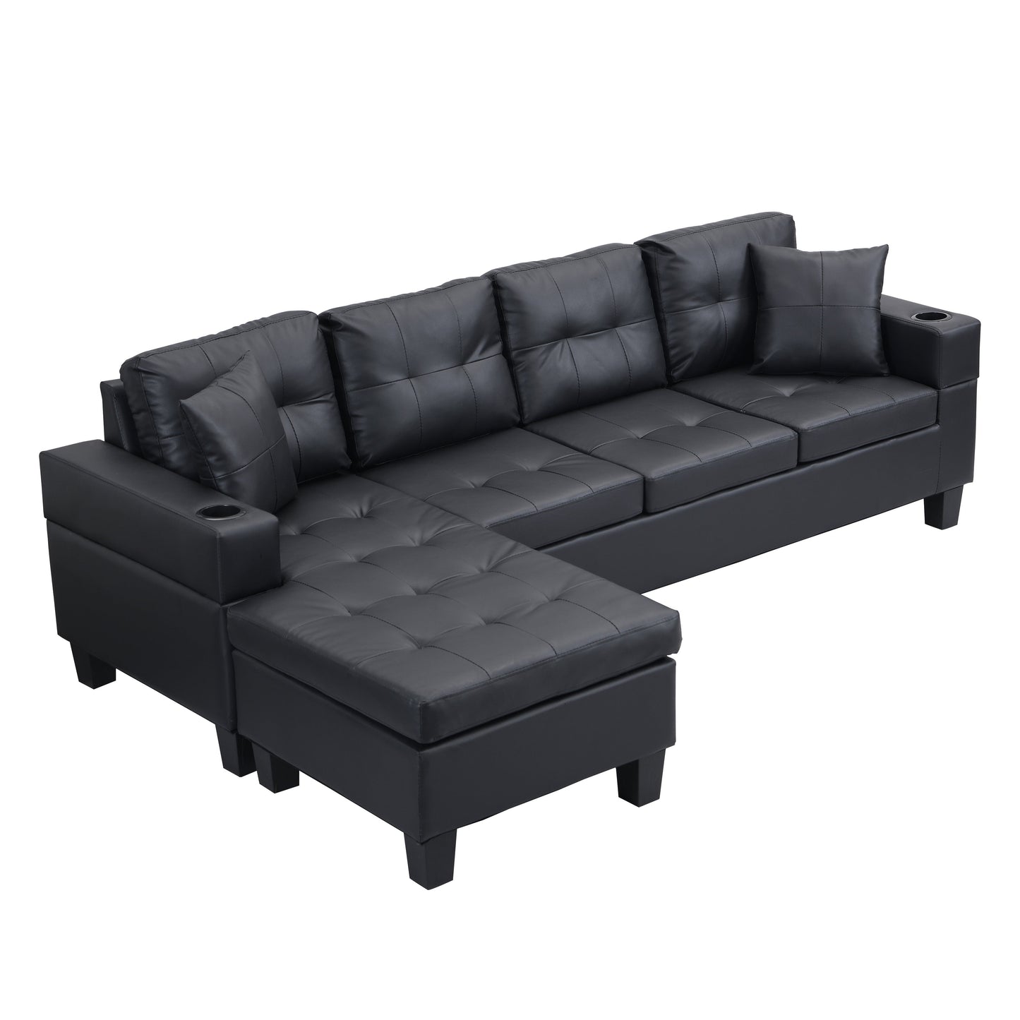 Ensemble de canapés sectionnels pour salon avec chaise longue en L, porte-gobelet et chaise longue gauche ou droite moderne 4 places (NOIR)