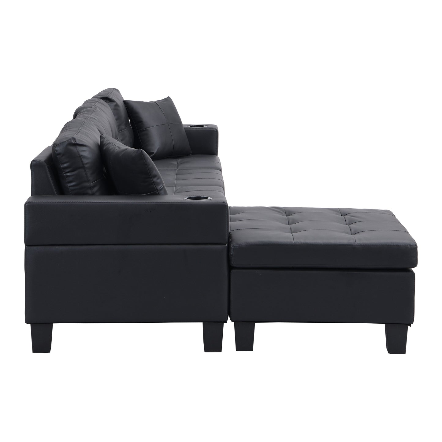 Ensemble de canapés sectionnels pour salon avec chaise longue en L, porte-gobelet et chaise longue gauche ou droite moderne 4 places (NOIR)