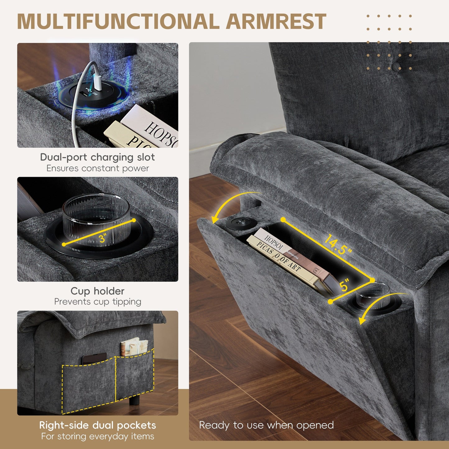 Canapé sectionnel en L avec accoudoirs multifonctionnels, chargeur double port, porte-gobelet, poches de rangement latérales, coussin moelleux