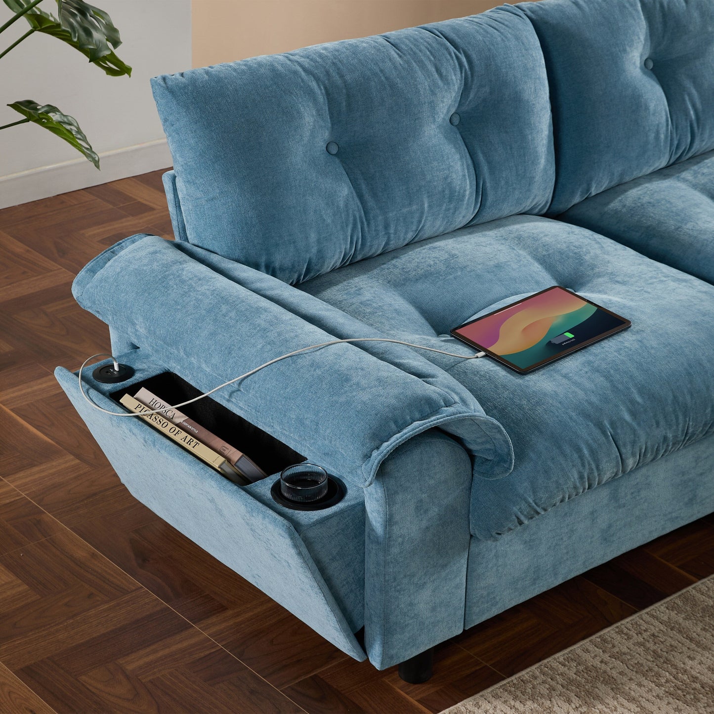 Canapé sectionnel en L avec accoudoirs multifonctionnels, chargeur double port, porte-gobelet, poches de rangement latérales, coussin moelleux