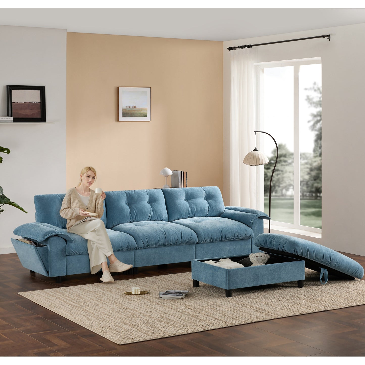 Canapé sectionnel en L avec accoudoirs multifonctionnels, chargeur double port, porte-gobelet, poches de rangement latérales, coussin moelleux